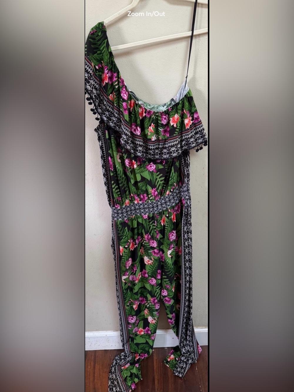 One-Shoulder Floral Jumpsuit in Green with Pink Blooms
